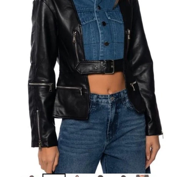 AKIRA NWOT M & L 2-in-1 faux black leather and denim moto riding on trend jacket - Picture 3 of 9